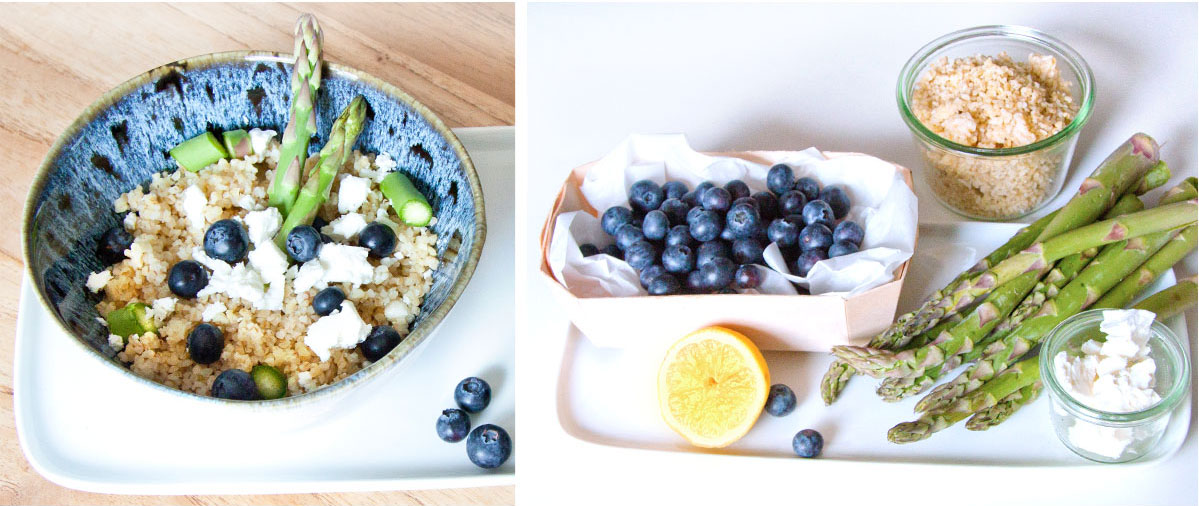 Rezept: der Quinoa Salat mit grünem Spargel, Blaubeeren und Feta ist ein sommerlicher Office-Lunch, toll als vegetatrische Low Cab Vorspeise - mehr auf FAMILICIOUS.de