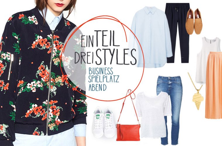 FASHION // ein Teil drei Styles. Key Piece Bomberjacke mit Blütenprint für Working Moms in 3 Style Alternativen: fürs Büro, den Spielplatz und die Abendverabredung - mehr auf FAMILICIOUS.de