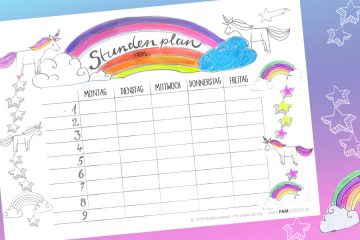 Der Stundenplan mit Einhorn und Regebogen kann man selber ausmalen - diesen timetable als Free Printable kostenlos ausdrucken auf FAMILICIOUS.de